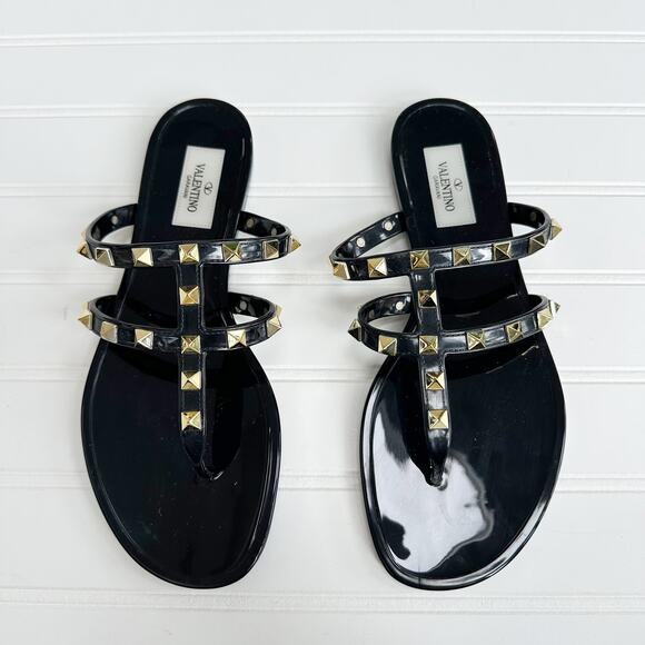 Valentino Rockstud Black Jelly Sandal T Strap Thong Slide Shiny Slide PVC 37 - Picture 6 of 7